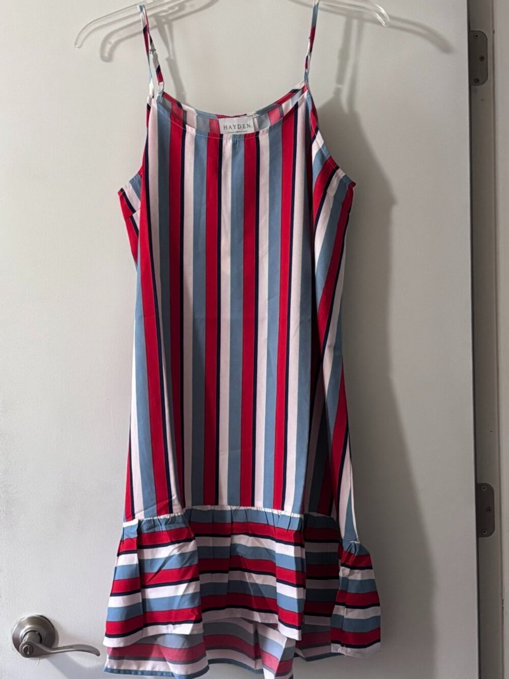 NWT Hayden Los Angeles Red Blue Striped Ruffle Hem Cami Midi Dress L